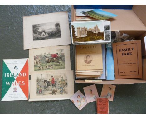 A box of various postcards, editions of Librairie Hatier, Sampson Low royal miniature editions, two John Leech lithograph pri