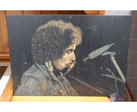 An original painting of Bob Dylan playing the mouth organ, acrylic on wooden panel, unframed, 45 x 32cm with a framed George 