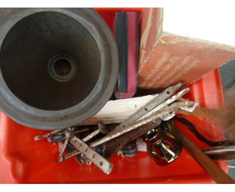 A box of metalware and other items  to include a vintage Ronson Blow Torch in original box 