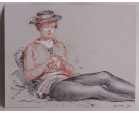 Attributed to Arthur Henry Knighton-Hammond (1875-1970) Model Knitting, dated lower left '23 Feb 1963' pastel on paper, unfra