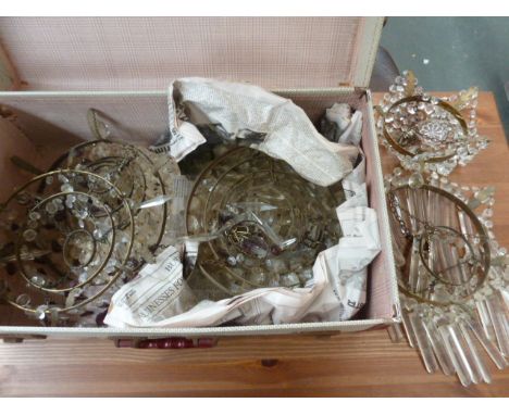 Five early 20th century hanging glass chandeliers, with a vintage Foxglass suitcase