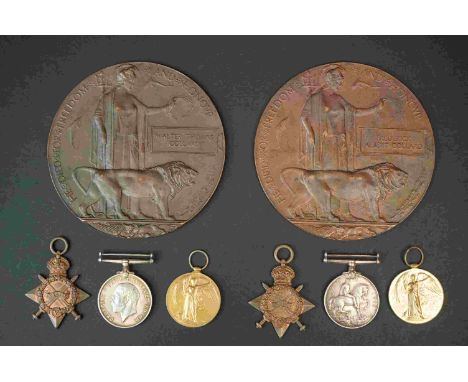 A Pair Of British World War One Full Size Medal Trio's And Death Plaques To Brothers, The First Trio To Include The Great War