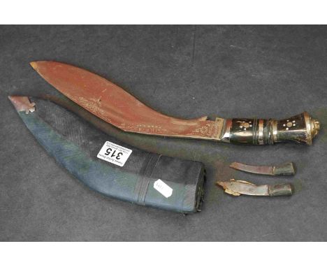 A Vintage Indian Kukri Knife Complete With Original Scabbard And Tools. 