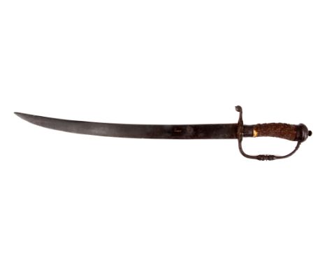 A 17th CENTURY ENGLISH HUNTING HANGER with curved steel single edged blade leading to steel hilt and moulded knuckle guard, a
