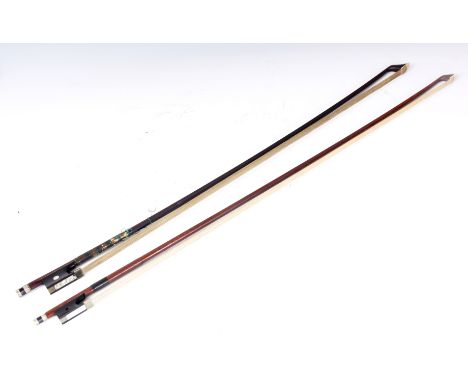 AN ANTIQUE CELLO BOW with octagonal stick and ebony frog with inlaid mother of pearl together with another bow 71cm overall.