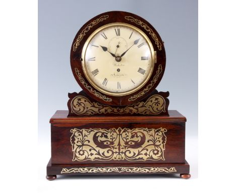 WEBSTER LONDON  A LATE REGENCY BRASS INLAID ROSEWOOD DRUM-HEAD BRACKET CLOCK ON STAND with platform base, the 8” painted and 