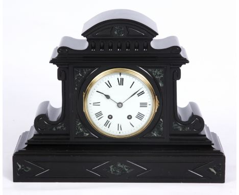 A 19TH CENTURY FRENCH LARGE BLACK SLATE MANTEL CLOCK WITH GREEN SHAPED PANEL INLAYS. The pedimented case enclosing a 6” paint