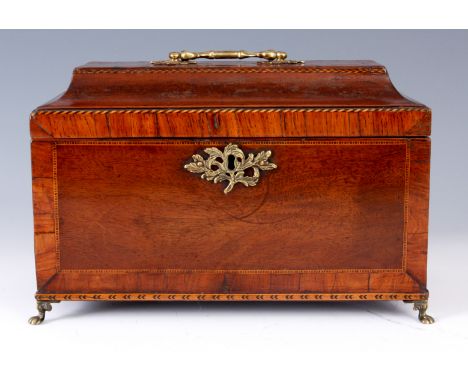 AN EARLY GEORGE III INLAID AND CROSSBANDED MAHOGANY TEA CADDY OF LARGE SIZE with concave moulded lid and brass rococo handle;