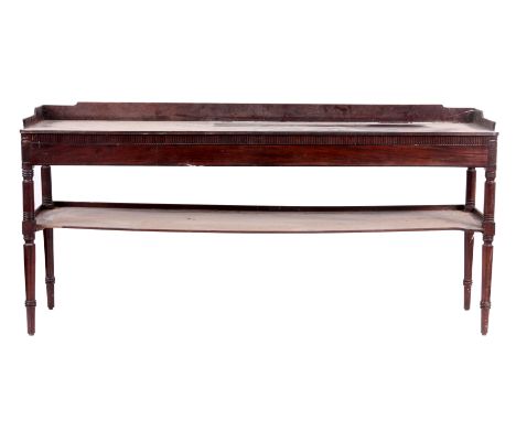 OF SCOTTISH INTEREST A STYLISH GEORGE III FIGURED MAHOGANY EBONY INLAID SERVING TABLE with solid shaped gallery top, rounded 