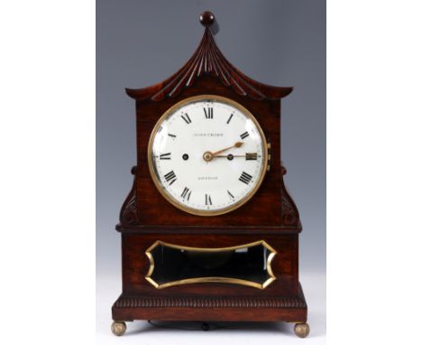 JOHN CROSS, LONDON AN  EARLY 19TH CENTURY ROSEWOOD BRACKET CLOCK with pagoda top and scrolled moulded sides above a rectangul