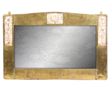 LIBERTY & CO, LONDON A BRASS AND MOTHER OF PEARL INLAID MIRROR, circa 1900 of rectangular shape having a bevelled mirror, thr