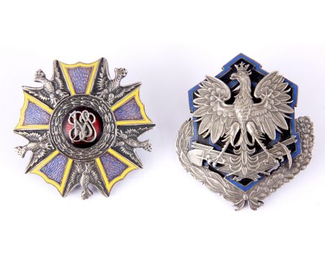 TWO SILVER AND ENAMEL POLISH REGIMENTAL BADGES with eagle decoration