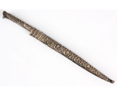 A 19th CENTURY SILVER METAL YATAGHAN with steel single edged blade and floral work embossed hilt and scabbard 39.5cm overall.