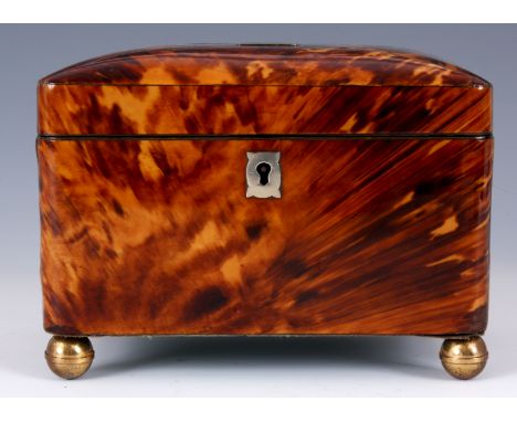 A 19TH CENTURY PEWTER LINED BLONDE TORTOISESHELL RECTANGULAR DOME TOP TEA CADDY with divided lidded interior on gilt brass ba