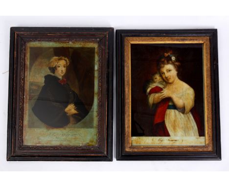 A LATE 18TH/EARLY 19TH CENTURY REVERSE PAINTED ON GLASS coloured portrait titled “miss trimmer” 35cm high 25.5cm wide ebonize