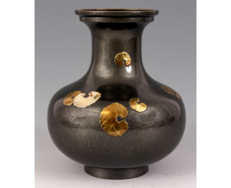 A BULBOUS CHINESE BRASS VASE with grey enamel mottled lustre finish and relief work leaves to the front character mark undern