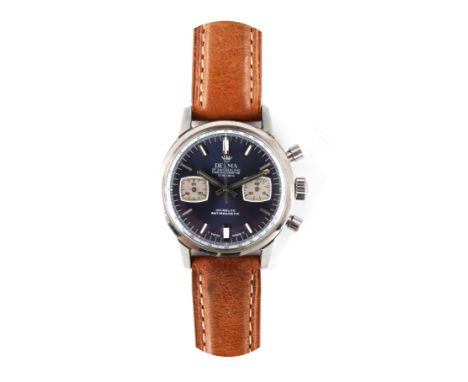 A GENTLEMAN'S VINTAGE STEEL DELMA CHRONOGRAPH WRISTWATCH the blue dial with silver subsidiaries and baton markings fronting a