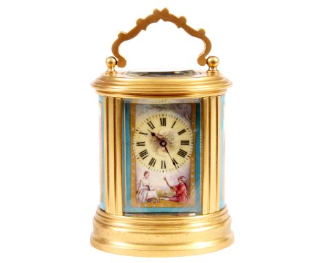 A 19th CENTURY MINIATURE FRENCH BRASS OVAL CASED PORCELAIN PANELLED CARRIAGE CLOCK, the panels having romantic classical scen
