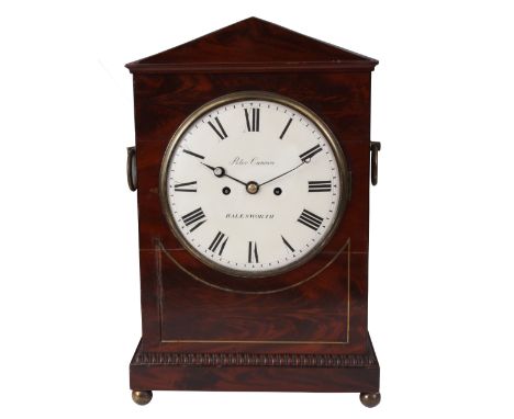 PETER CANOVA HALESWORTH  A LATE REGENCY FIGURED MAHOGANY BRACKET CLOCK with 8” painted convex Roman dial fronting an eight da