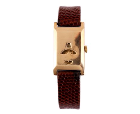 AN UNUSUAL 1930s GENTLEMAN'S 9CT GOLD WRISTWATCH on leather strap having rectangular shaped case with three apertures to view