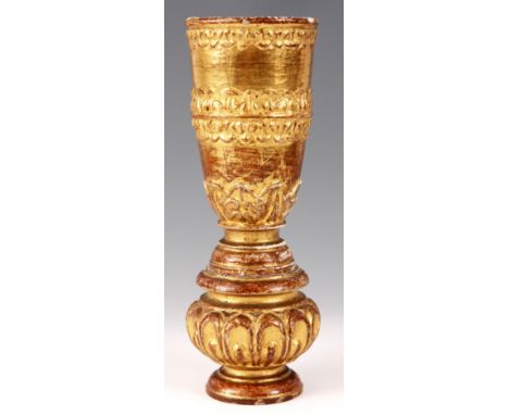 A MID 17TH CENTURY CARVED GILT GESSO CONTINENTAL CHALICE having ring turned and gadrooned decoration; the base dated 1651 and