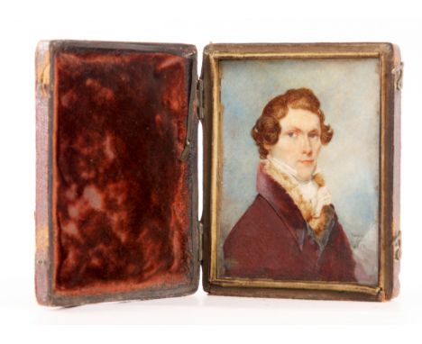 JAMES PARDON 1792 - 1862 AN EARLY 19TH CENTURY MINIATURE PORTRAIT ON IVORY of a well-dressed gentleman with fur collar and re