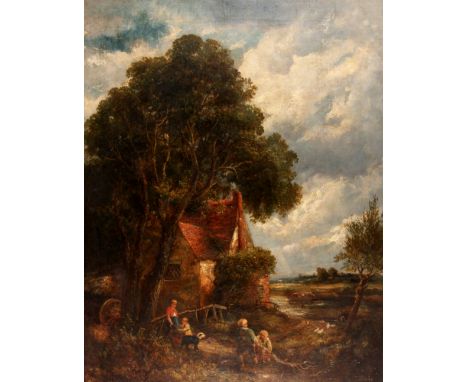 AFTER JOHN CONSTABLE 19th CENTURY OIL ON CANVAS a rural wooded cottage landscape with children playing and a dog 110cm high 8
