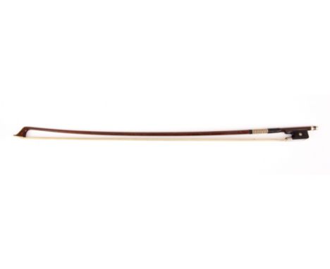 AN ANTIQUE CELLO BOW INSCRIBED WALTER METTAL with octagonal stick and ebony frog inlaid with mother of pearl 72cm overall