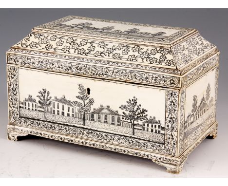 A LATE 18TH CENTURY ANGLO INDIAN IVORY VIZAGAPATAM TEA CADDY with fully engraved panels depicting colonial houses bordered by