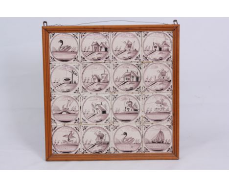 AN 18TH CENTURY DELFT TILE PICTURE depicting a Dutch windmill and landscape scenes 52.5cm high 53cm wide - Framed