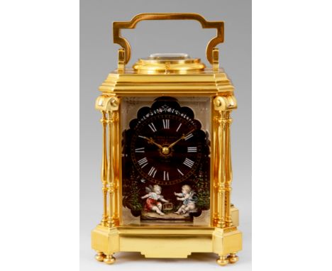 A FINE LATE 19TH CENTURY FRENCH GILT BRASS REPEATING CARRIAGE CLOCK WITH LIMOGES ENAMELLED DIAL the architectural case with s