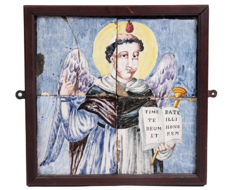 A 17TH CENTURY ITALIAN MAJOLICA POLYCHROME TILE PICTURE OF A SAINT in a mahogany frame 42.5cm square.