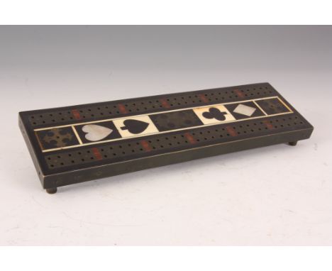 A FINE REGENCY CRIBBAGE BOARD IN THE MANNER OF GEORGE BULLOCK having playing card symbols picked out in ivory, ebony and moth