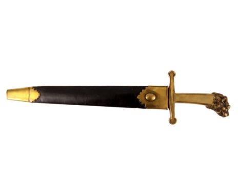 A 19th CENTURY CRUCIFORM HILTED BRITISH SIDE ARM SWORD the double edged diamond shaped blade with brass hilt, lions head pomm