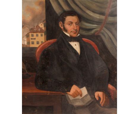 PORTRAIT OF A GENTLEMAN A mid 19th Century oil on canvas, possibly American, depicting the gentleman's property in the backgr