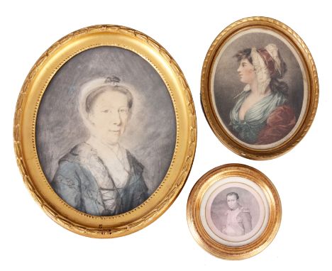 AN EARLY 19TH CENTURY OVAL WATERCOLOUR - head and shoulders of a lady 23cm high 18.5cm wide glazed gilt frame; A SMALL FRAMED