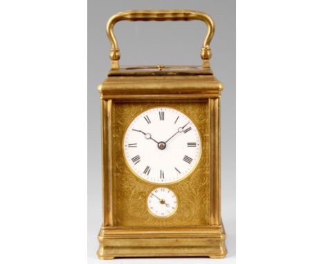 DROCOURT No. 16385   A LATE 19TH CENTURY GILT BRASS FRENCH REPEATING GORGE CASED CARRIAGE CLOCK the folding handle above a mo