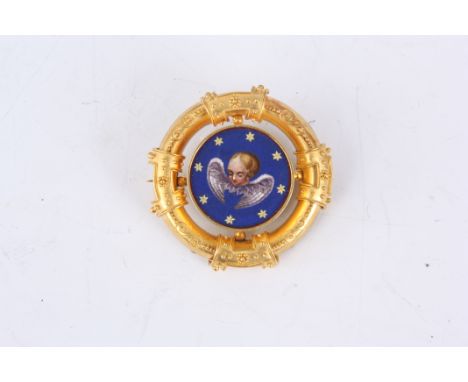 A LATE 19TH CENTURY YELLOW GOLD AND BLUE ENAMEL MICRO MOSAIC CIRCULAR BROCH with finely crafted scroll work surround enclosin