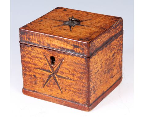 GEORGE III OAK CUBE TEA CADDY with star work inlays and lidded interior 11cm wide 10.5 high.