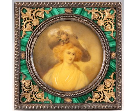 A CIRCULAR HALF LENGTH PORTRAIT OF A YOUNG LADY finely painted on ivory in a FINE SILVER AND SILVER GILT SQUARE FRAME PANELLE