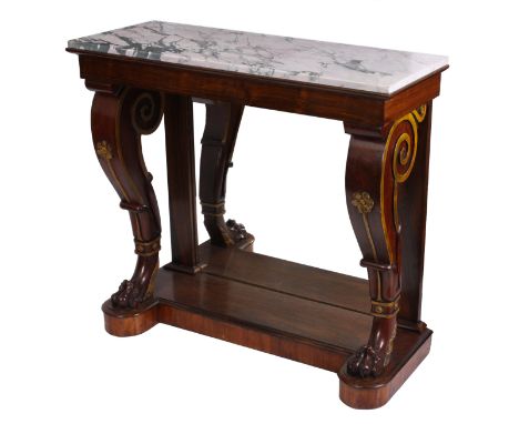 A REGENCY ROSEWOOD AND GILT CONSOLE TABLE with marble top and mirror back flanked by pronounced scrolled cabriole legs with l