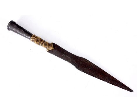 A CHINESE QUING DYNASTY PIKE HEAD with brass collar and an early axe head on later shaft, pike head is 46cm overall.