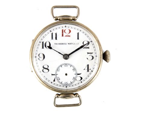 A WW1 OFFICERS TAVANNES WATCH Co. WRISTWATCH the enamel dial with Arabic numerals and subsidiary seconds fronting a manual wi