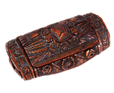 A 19TH CENTURY COQUILLA NUT SNUFF BOX finely carved depicting a bunch of flowers in a vase and the lid with a portrait set in