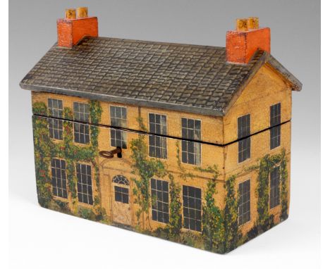 A 19TH CENTURY PAINTED TEA CADDY IN THE FORM OF A HOUSE with angled hinged lid revealing a satinwood veneered double interior