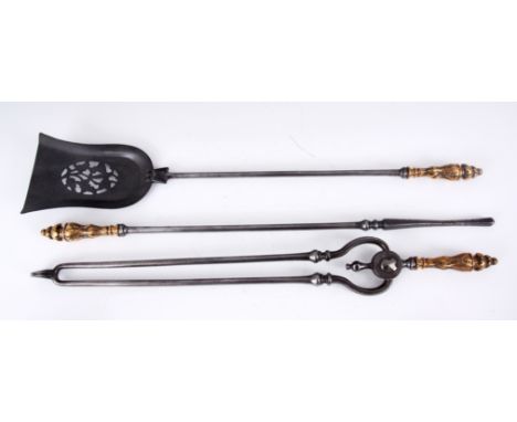 A SET OF THREE LATE REGENCY POLISHED STEEL FIRE TOOLS with cast bell metal leaf work handles, comprising tongs, poker, and sh