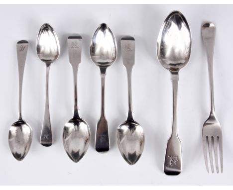 FIVE SILVER TEASPOONS - YORK 3 dated 1832 & 2 dated 1839 by James Barber & W. Whitewell plus ONE SILVER DESSERT FORK & ONE SI