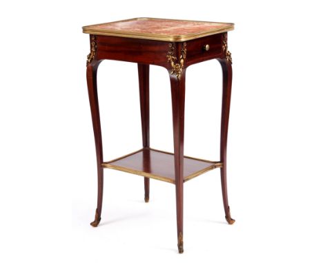 A MID 19TH CENTURY ORMOLU MOUNTED MAHOGANY LAMP TABLE the rouge veined marble with brass gallery top above a shallow frieze d