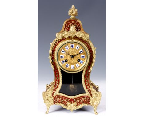 A SMALL LATE 19th CENTURY FRENCH BOULLE WORK TORTOISESHELL MANTEL CLOCK the balloon shaped case having gilt brass mounts encl