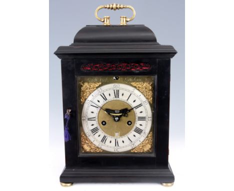 RICHARD VICK, LONDON AN EARLY 18TH CENTURY EBONISED BRACKET CLOCK the bell top case with cast brass carrying handle and pierc